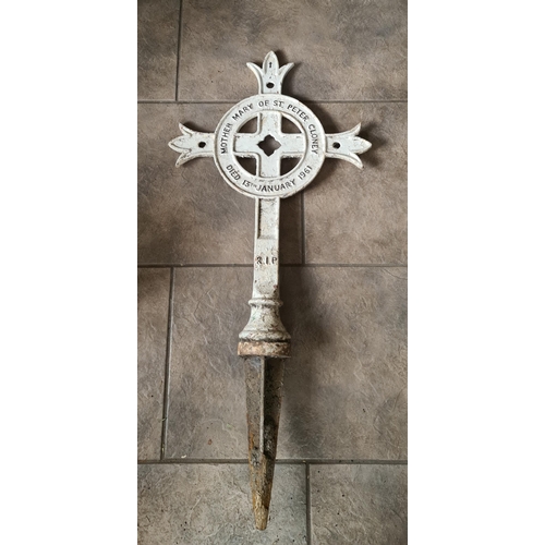 333 - Cast Iron Memorial Cross Painted White Dated 13th January 1961 Dedicated to Mother Mary of St Peter ... 