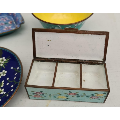 335 - Antique Enamel Cloisonne Stamp Box Pale Blue Ground Brass Borders Flowers and Grass Hopper Measures ... 