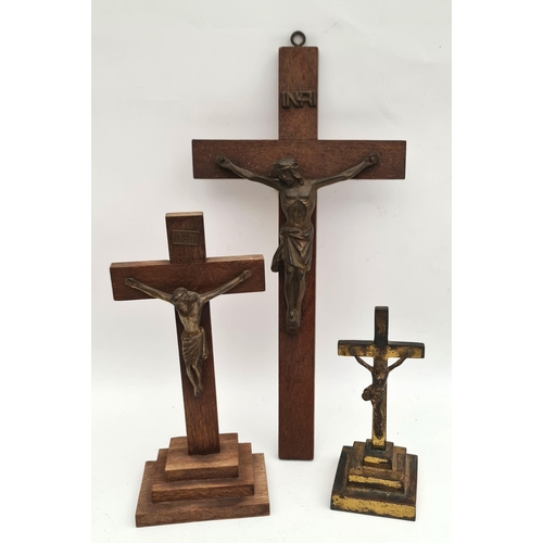 34 - Antique & Vintage Crucifix 1 Wall Mounted 2 on Stands Wood & Brass. The largest measures 12 inches l... 