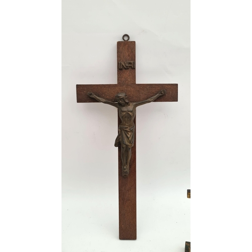 34 - Antique & Vintage Crucifix 1 Wall Mounted 2 on Stands Wood & Brass. The largest measures 12 inches l... 