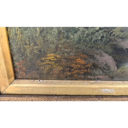 346 - Antique Landscape Oil Painting on Board c1900 Signed Lower Left Britton. Framed With a Heavy Gold Co... 