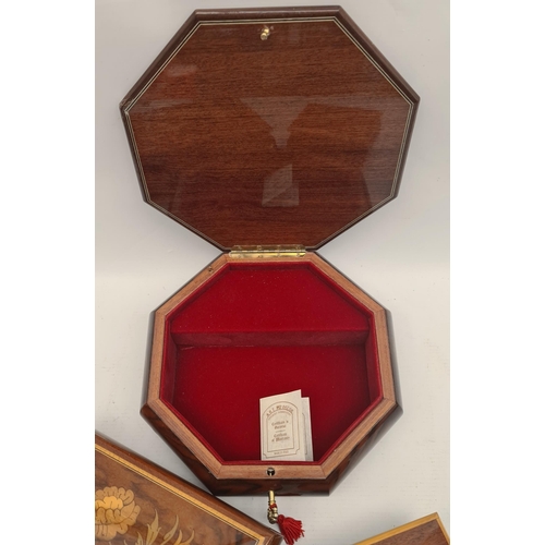 375 - Vintage 3 x Sorrento Musical Boxes two are Jewellery Boxes. The hexagonal box measures 21cm diameter... 