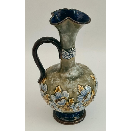 43 - Doulton Lambeth Ewer Stands 8 inches tall Mottled Green Ground with applied Oak Leaf and Flowers Blu... 