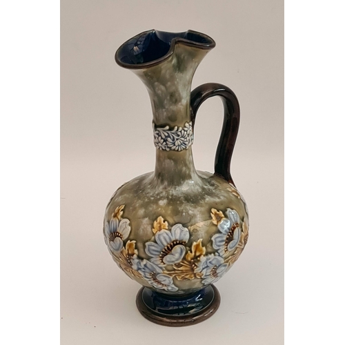 43 - Doulton Lambeth Ewer Stands 8 inches tall Mottled Green Ground with applied Oak Leaf and Flowers Blu... 