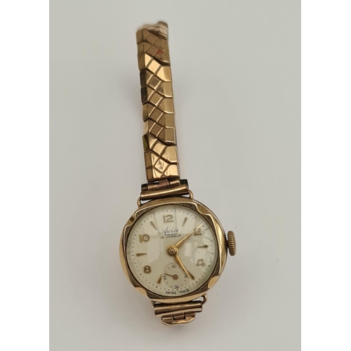 53 - Avia 9ct Gold Ladies Cocktail Wrist Watch With Rolled Gold Escalibur Elasticated Strap 15 Jewel Tota... 