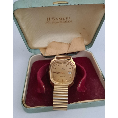 60 - Vintage Gold Coloured Metal Ruhla East German Wrist Watch Quartz With Date Aperture c1980's Shipping... 