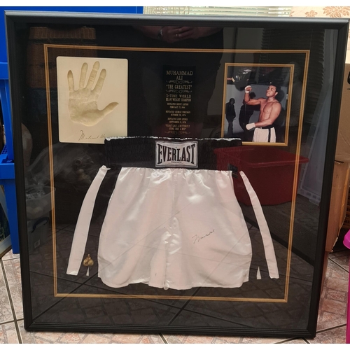 93 - Sporting Memorabilia Large Framed Muhammad Ali Collage With Boxing Items. Measures 37 inches wide 4 ... 