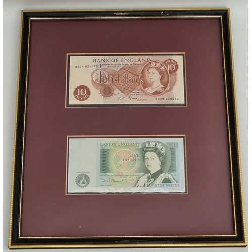 98 - Vintage Framed and Glazed Bank of England Notes 10 Shilling and One Pound Notes Measures 12 inches b... 