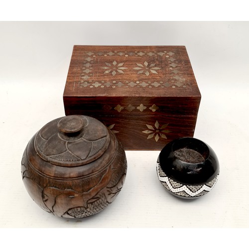 399 - Vintage Rose Wood Box With Brass Inlay Carved African Round Wooden Jar With Rhino Carvings and Afric... 