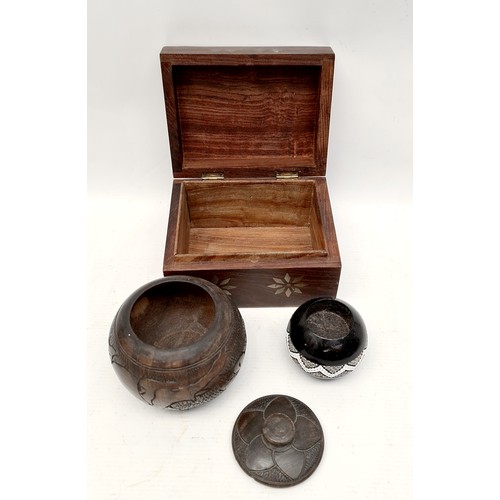 399 - Vintage Rose Wood Box With Brass Inlay Carved African Round Wooden Jar With Rhino Carvings and Afric... 