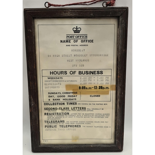 113 - Antique Oak Framed Post Office Opening Times and Service Poster. For Wordsley Post Office West Midla... 