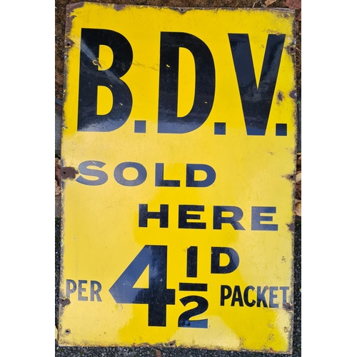 126 - Vintage Enamel on Metal Sign B.D.V. Sold Here Per 4 1/2d Packet. Measures 50cm by 76cm.  Shipping is... 