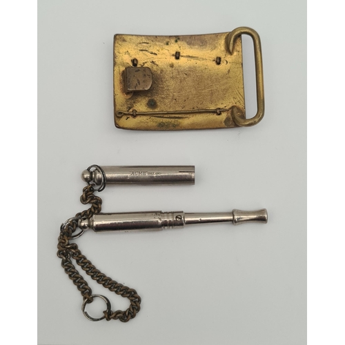 289 - Victorian Military Belt Buckle and ACME Dog Training Whistle Pat No. 486417. The Whistle Measures 9c... 