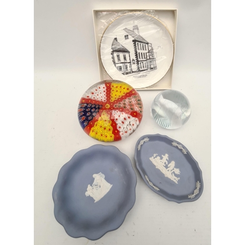 349 - Vintage Paperweights, Wedgwood and Goss Plate. The smaller paperweight is Caithness and the large on... 