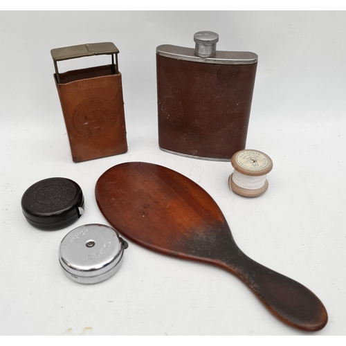 370 - Vintage Wooden Hand Mirror Cigarette Case Hip Flask and measuring tapes. The hand mirror is 9 1/2 in... 