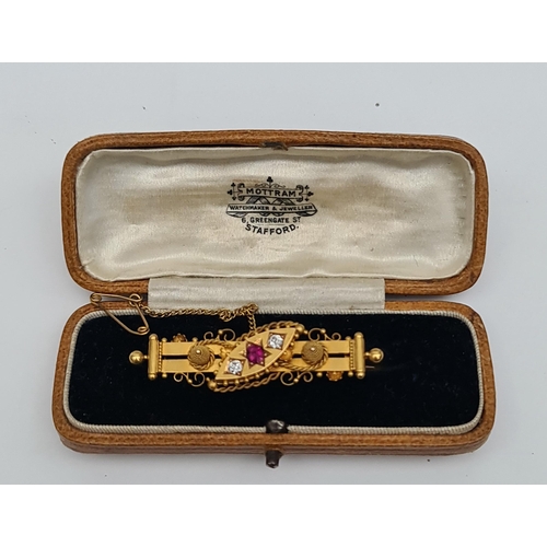 54 - 15ct Gold Diamond and Ruby Brooch Late Victorian or Edwardian  In Original Presentation Box. Measure... 