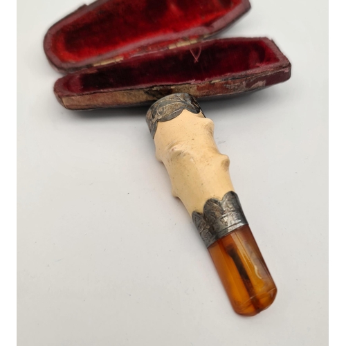 389 - Antique Bone Silver and Amber Cased Cheroot. Measures 3 inches long. Shipping is available. Please a... 