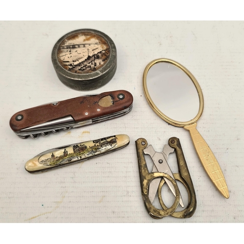 390 - Bone Inlaid Penknives Germany Plus One Other, Foldable Scissors Souvenir Tin and Small Hand Mirror. ... 