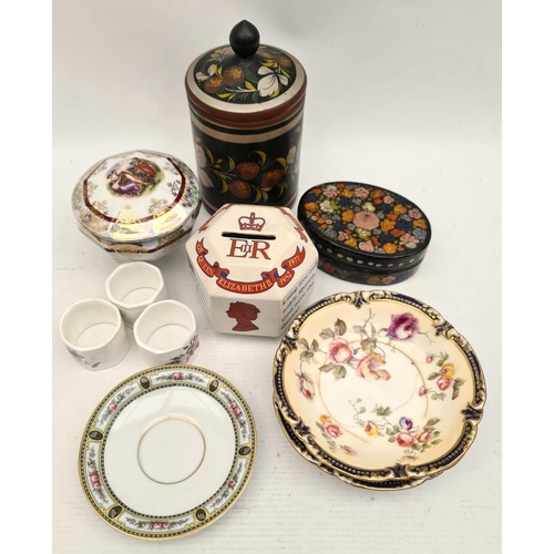 395 - Assorted Boxes and Ceramics. Includes Queen Elizabeth II Silver Jubilee Money Box 1977, Napkin Rings... 