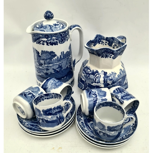 398 - Copeland Spode Blue & White Set of 6 Coffee Cups and Saucers Milk Jug and Water Jug, Italian Pattern... 