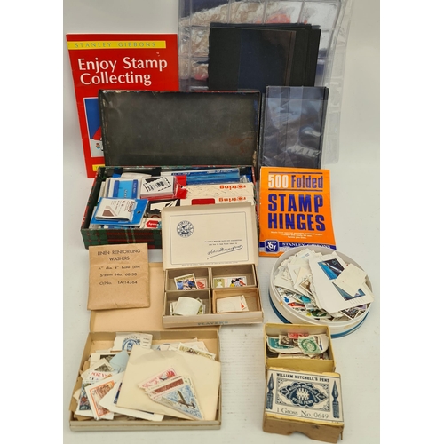 108 - Parcel of Loose Stamps On and Off Paper With Stamp Collecting Items Also Includes Vintage Boxes Appr... 