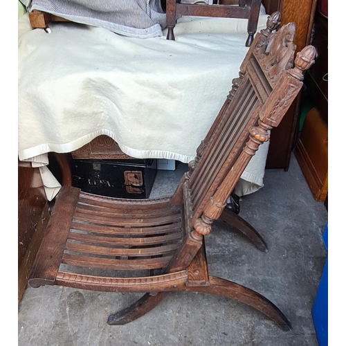 199 - Victorian Folding Hard Wood Chair. Carved Top Rail and Finials Finished as Acorns. Minor Old Repair ... 