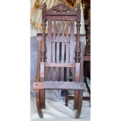 199 - Victorian Folding Hard Wood Chair. Carved Top Rail and Finials Finished as Acorns. Minor Old Repair ... 