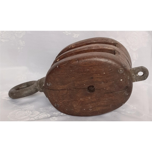 238 - Vintage Ships Double Pulley With Brass Pulley Wheels In Dark Hard Wood Case and Iron Pulley Rings Me... 