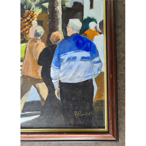 247 - Naive Art Framed Oil Painting on Board Continental Street Scene. Signed Lower Right Pomfret. Measure... 