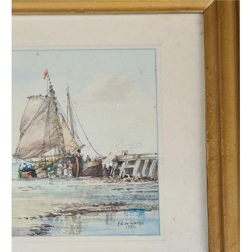 251 - Antique Art Framed Watercolour Painting Coastal Nautical Scene. Signed and Dated Lower Right F. E. W... 