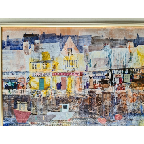 266 - Vintage Art Painting and Collage on Board French Harbour Scene With Shops. Measures 28 inches by 18 ... 