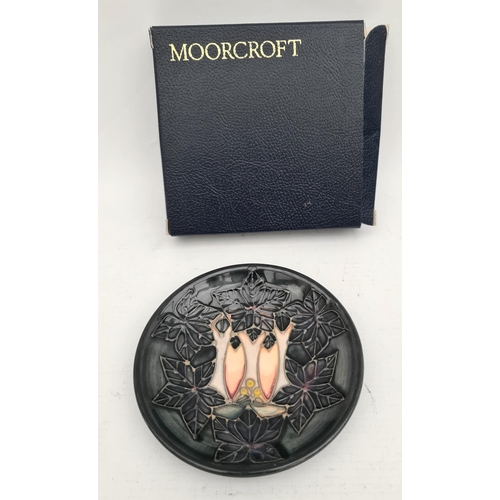 27 - Moorcroft Pin Dish Dark Blue Ground Possibly Ivy or Pansy Leaf Pattern. Measures 5 inches diameter S... 