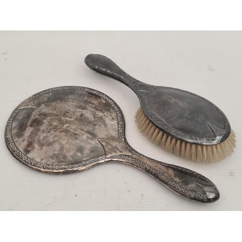 330 - Sterling Silver Hand Mirror and Brush. Hallmarked but rubbed. The brush is Hallmarked for Birmingham... 