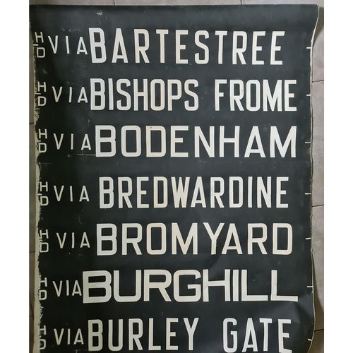 375 - Vintage Canvas Bus Destination Roll. Hereford and Surrounding Destinations Includes Cleehonger, Bode... 