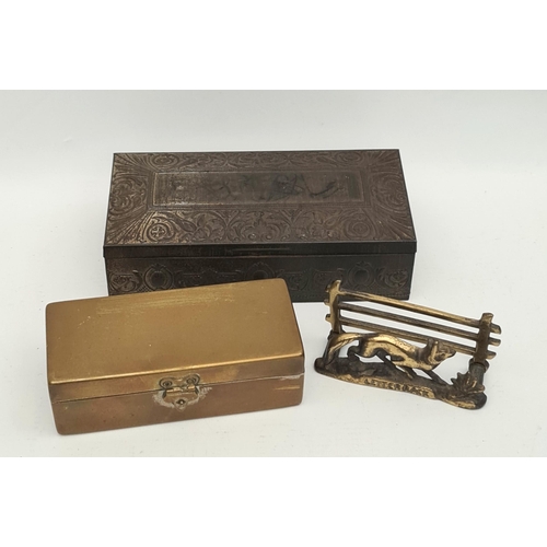 378 - Antique Cigarette Ardath Box Plus Brass Fox Letter Rack and Brass Box. The Ardath Box Measures 7 inc... 