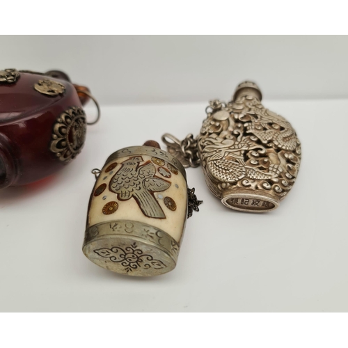 7 - Parcel of Oriental Perfume Bottles. Includes White Coloured Metal Bottle with Sea Serpent or Dragon ... 