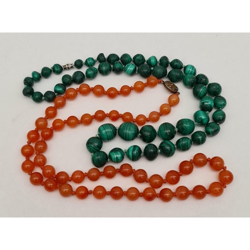 75 - Vintage Malachite Graduated Necklace and Carnelian Necklace With Sterling Silver Clasp. Each are 24 ... 