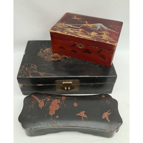 8 - 3 Oriental Papier-mache Boxes. Includes 2 x Jewellery Boxes and 1 Glove or Brush Box. The largest me... 