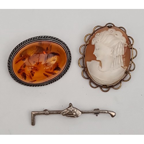 67 - Antique Cameo Brooch in Gold Coloured Metal Setting Measures 1.5 inches long, Amber Coloured Cabocho... 