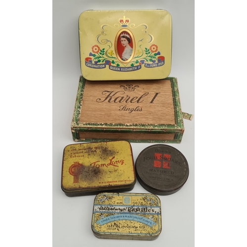 14 - Parcel of 4 Assorted Collectable Tins and a Cigar Box. Includes Cadburys 1953 Coronation Tin and Tob... 