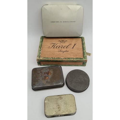 14 - Parcel of 4 Assorted Collectable Tins and a Cigar Box. Includes Cadburys 1953 Coronation Tin and Tob... 