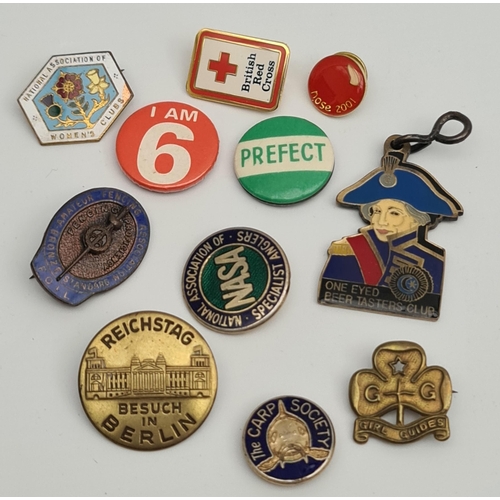 153 - Collection of 10 Vintage Metal Badges. Includes Fishing Related, Fencing Association, Scouts, Women'... 