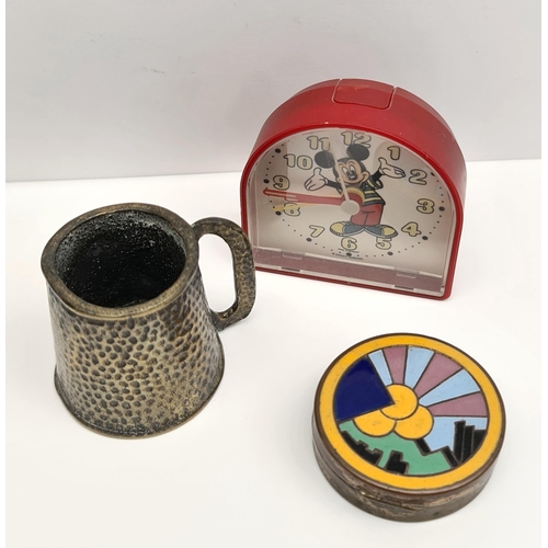 154 - Art Deco Enamelled Brass Tin Vintage Mickey Mouse Clock and Brass Measures Jug. The Art Deco Tin is ... 