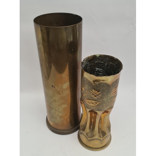 157 - Trench Art 1917 Brass Shell Case in Art Nouveau Style Hammered Work and One Other Brass Shell Case. ... 