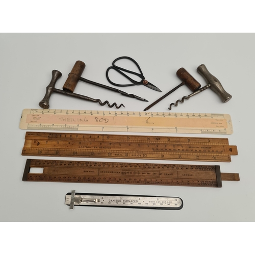 17 - Vintage Collection of Wooden Slide Rules, Corkscrews and Tools. Includes Loftus Temperature Slide Ru... 