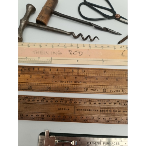 17 - Vintage Collection of Wooden Slide Rules, Corkscrews and Tools. Includes Loftus Temperature Slide Ru... 