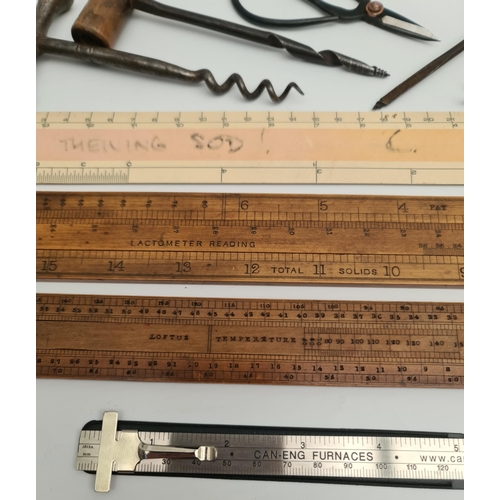 17 - Vintage Collection of Wooden Slide Rules, Corkscrews and Tools. Includes Loftus Temperature Slide Ru... 