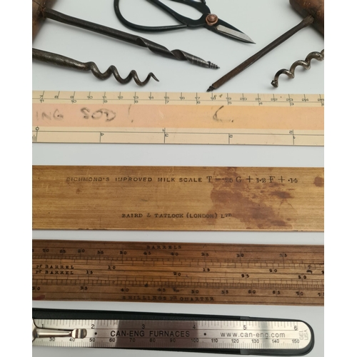 17 - Vintage Collection of Wooden Slide Rules, Corkscrews and Tools. Includes Loftus Temperature Slide Ru... 