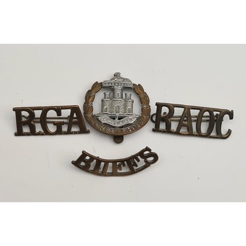 172 - Military Badges RAOC, BUFFS, RGA and Dorsetshire. Shipping is available. Please ask for a quote befo... 