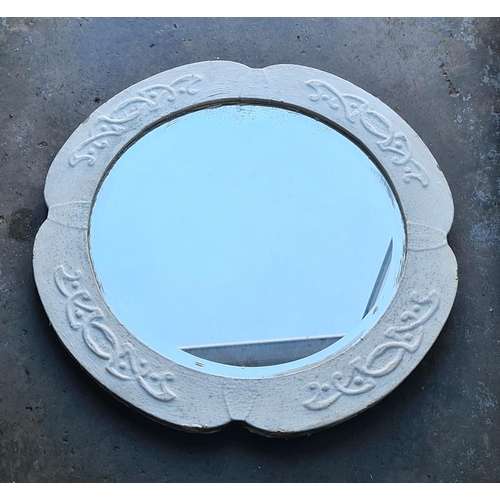 187 - Vintage Metal Framed Chippy Paint Bevelled Mirror. Measures 60cm diameter. Shipping is available. Pl... 